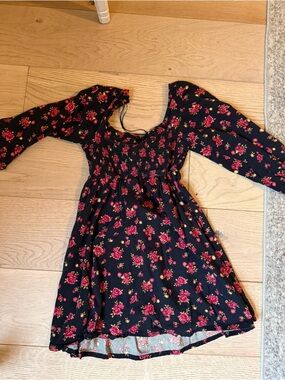 Girls' Navy Floral Long-Sleeve Smocked Dress